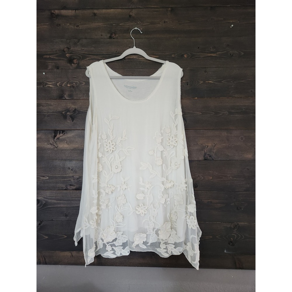 Soft Surroundings 1X Silk Embroidered Sleeveless Tunic Top Cream Floral